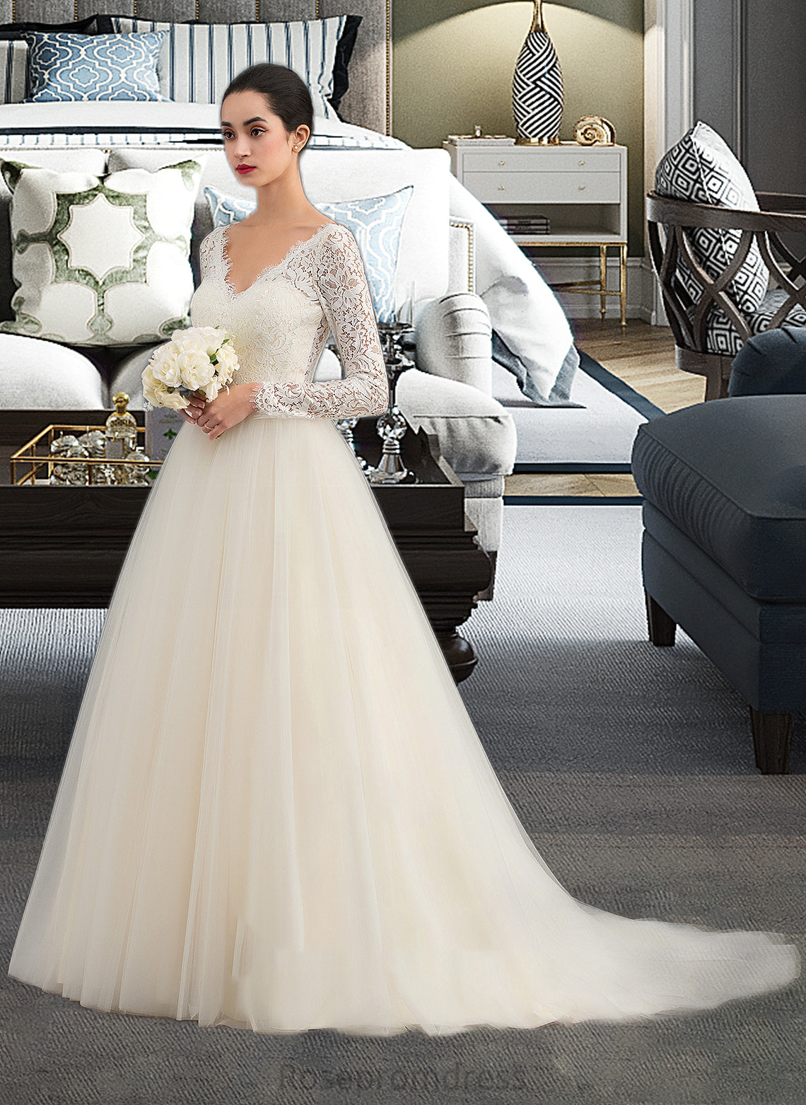 Carly Ball-Gown/Princess V-neck Court Train Tulle Lace Wedding Dress SRSP0013756