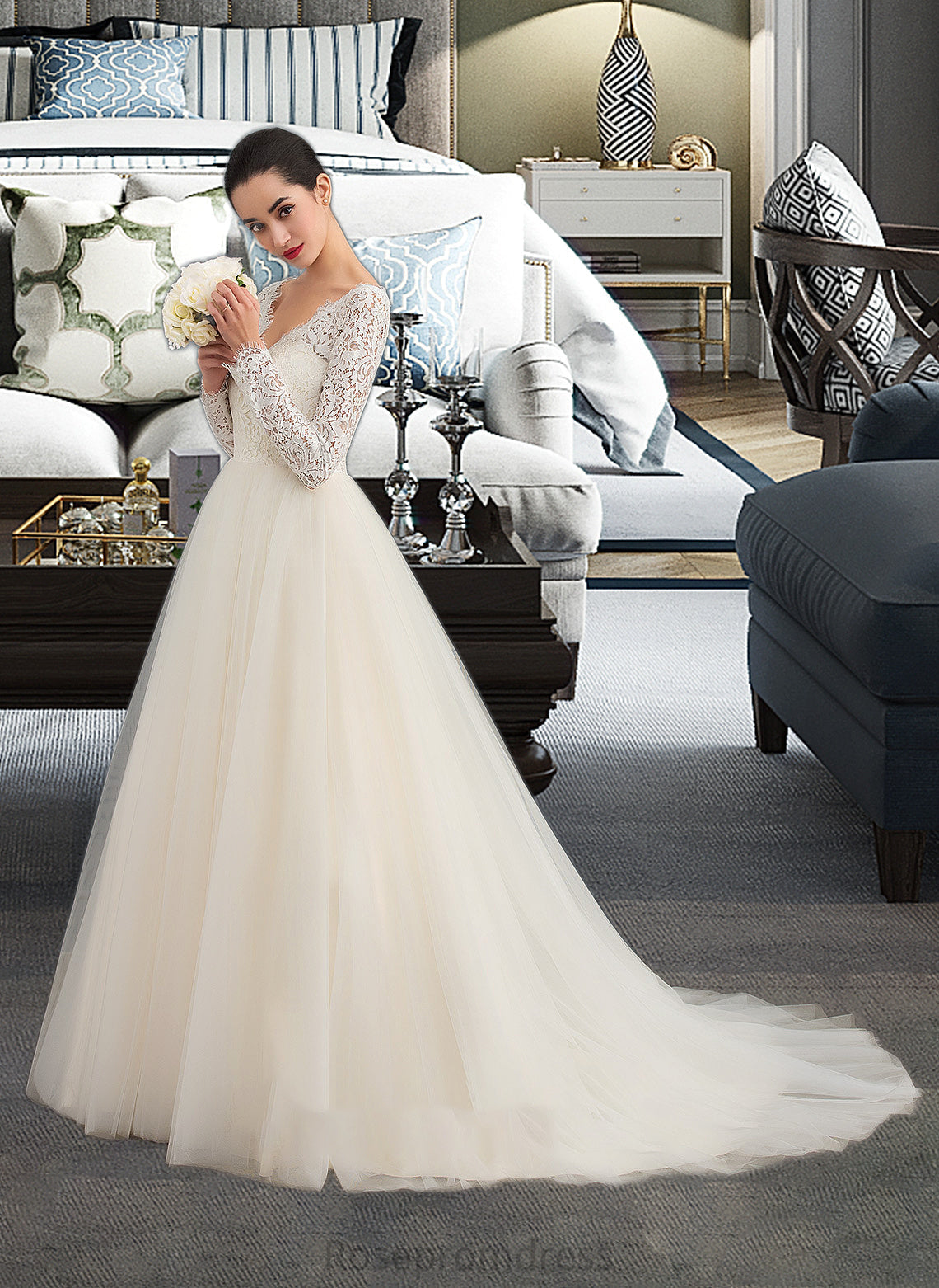 Carly Ball-Gown/Princess V-neck Court Train Tulle Lace Wedding Dress SRSP0013756
