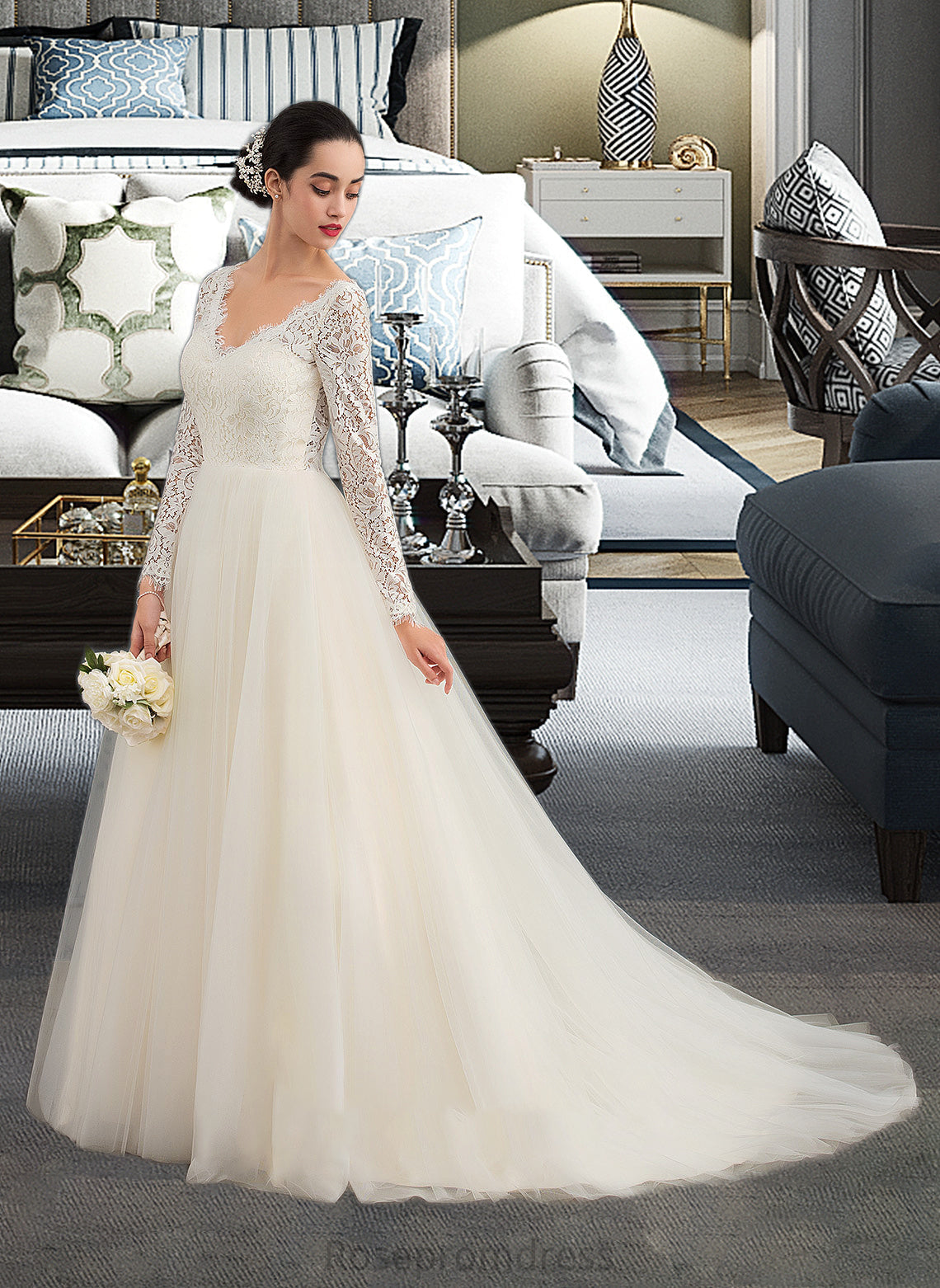 Carly Ball-Gown/Princess V-neck Court Train Tulle Lace Wedding Dress SRSP0013756