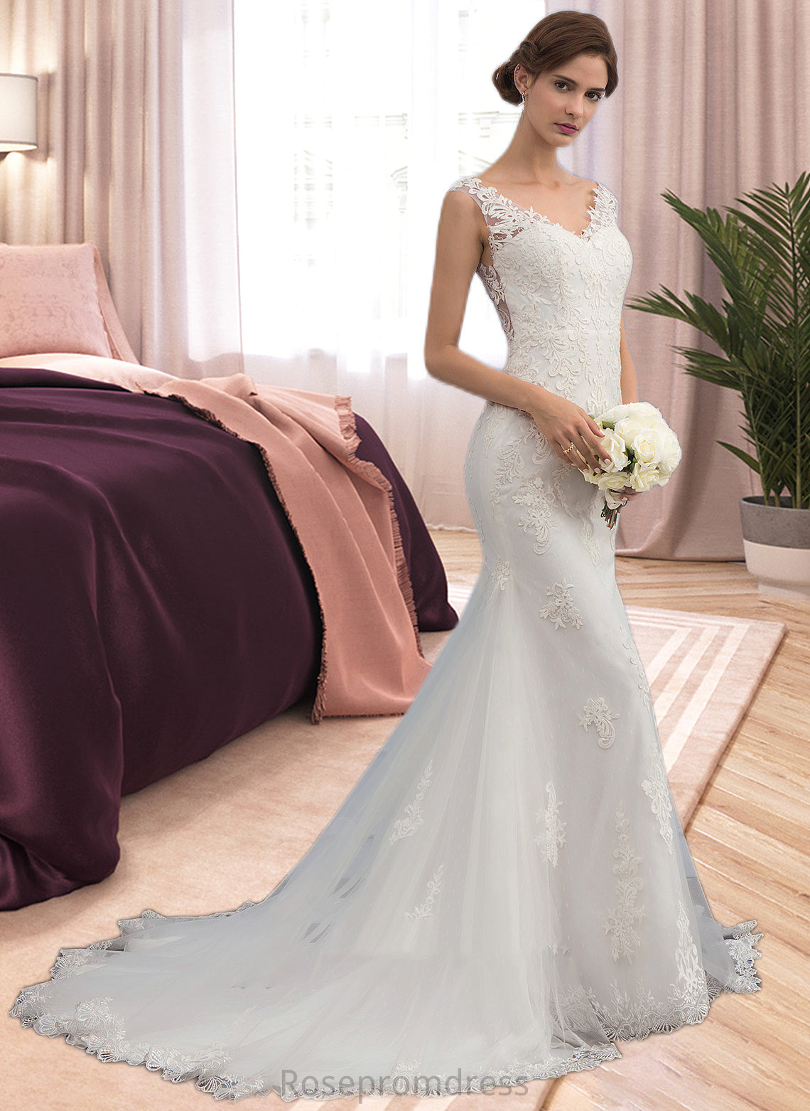 Lilly Trumpet/Mermaid V-neck Court Train Tulle Wedding Dress SRSP0013758