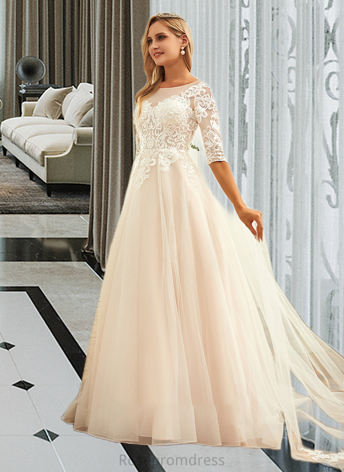 Juliana Ball-Gown/Princess Scoop Neck Sweep Train Tulle Lace Wedding Dress SRSP0013760