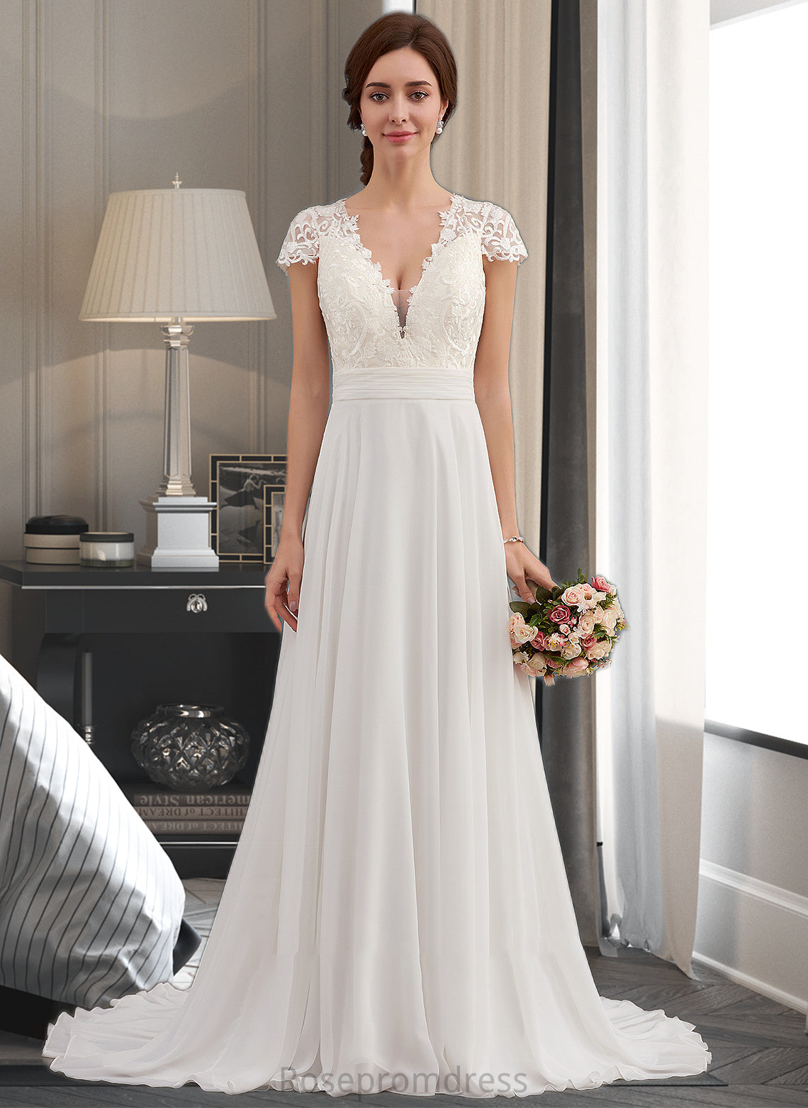 Emery A-Line V-neck Sweep Train Chiffon Wedding Dress With Ruffle SRSP0013761