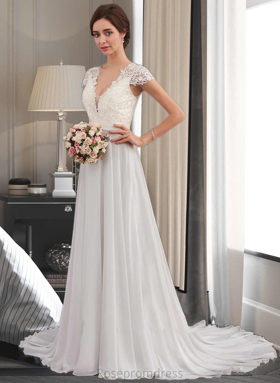 Emery A-Line V-neck Sweep Train Chiffon Wedding Dress With Ruffle SRSP0013761