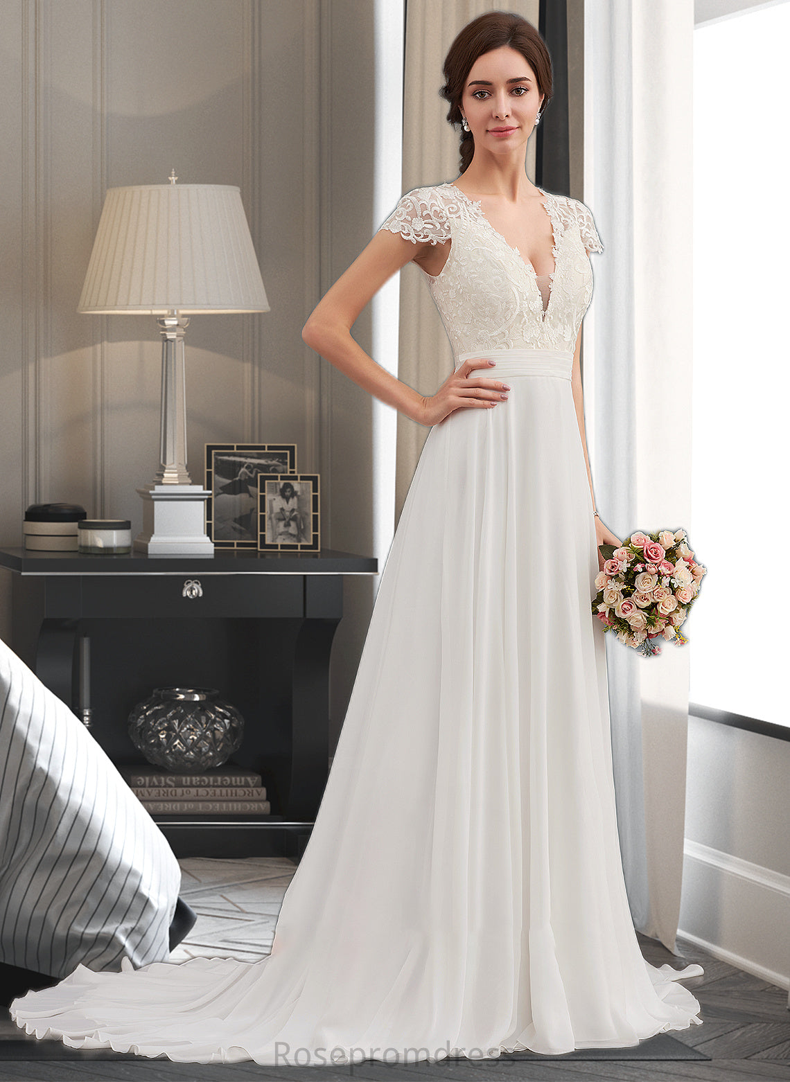 Emery A-Line V-neck Sweep Train Chiffon Wedding Dress With Ruffle SRSP0013761