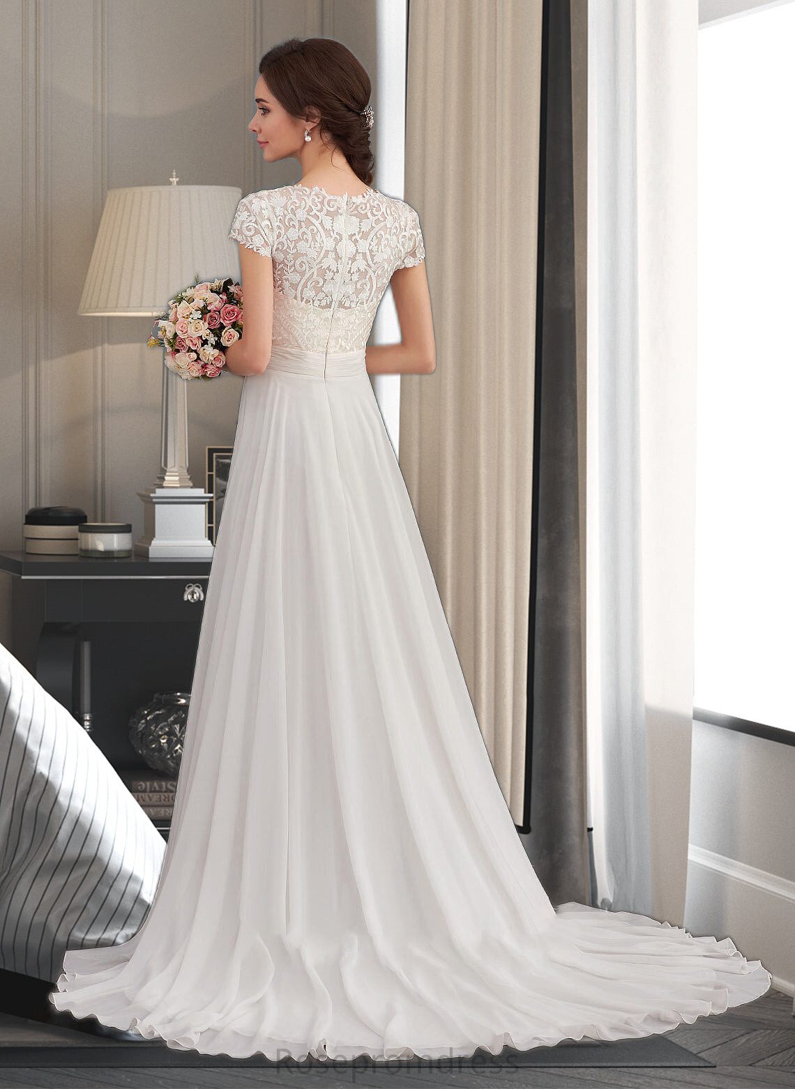 Emery A-Line V-neck Sweep Train Chiffon Wedding Dress With Ruffle SRSP0013761