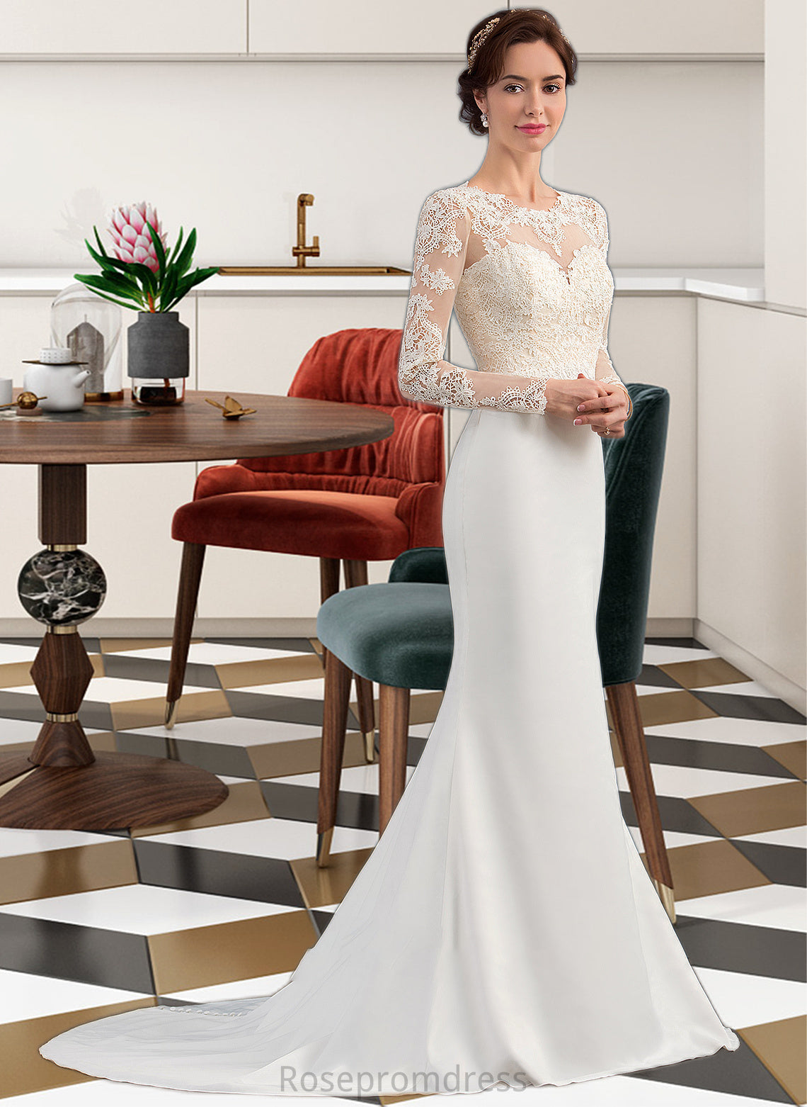 Kendra Trumpet/Mermaid Illusion Sweep Train Stretch Crepe Wedding Dress SRSP0013767