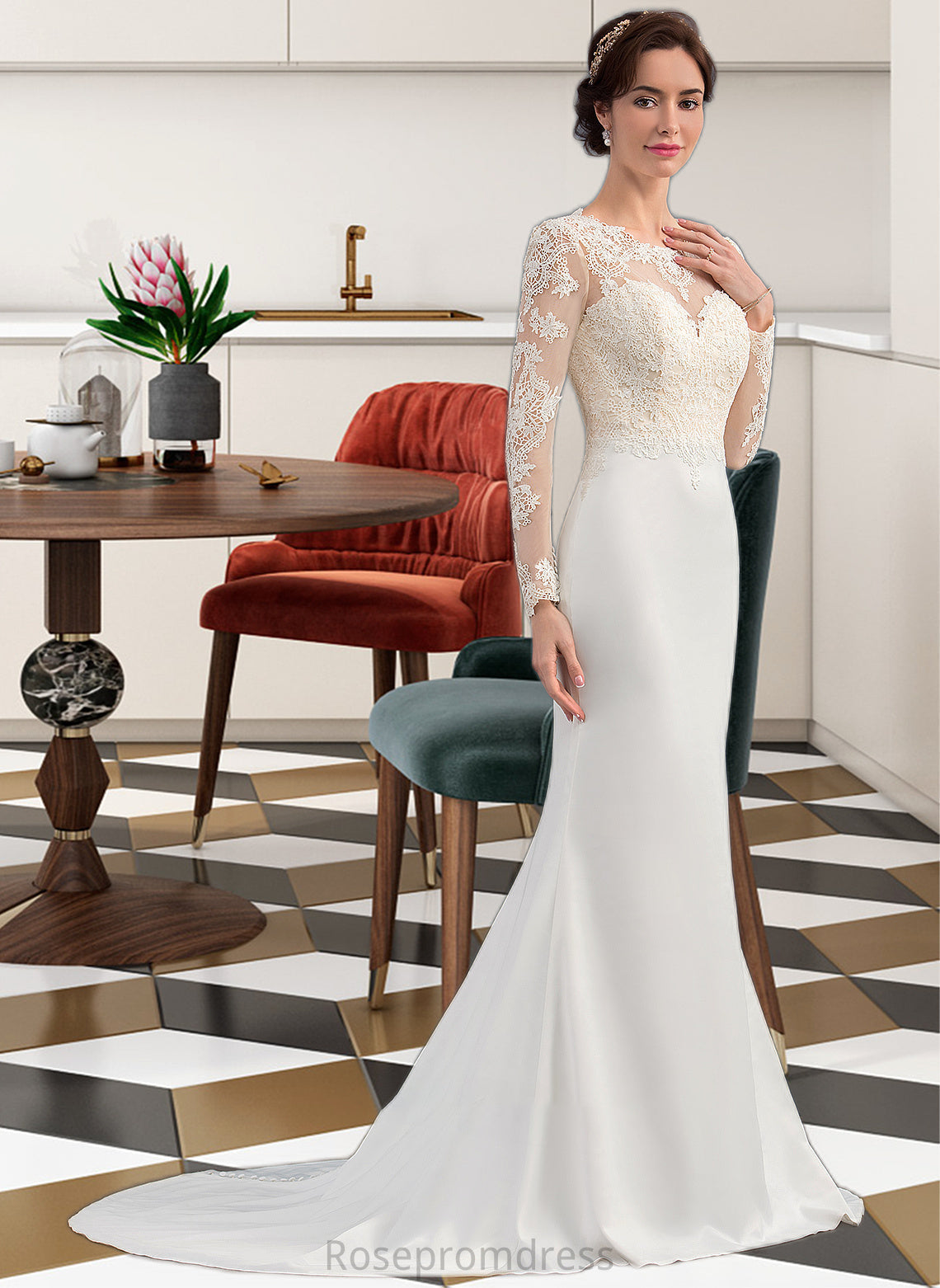 Kendra Trumpet/Mermaid Illusion Sweep Train Stretch Crepe Wedding Dress SRSP0013767