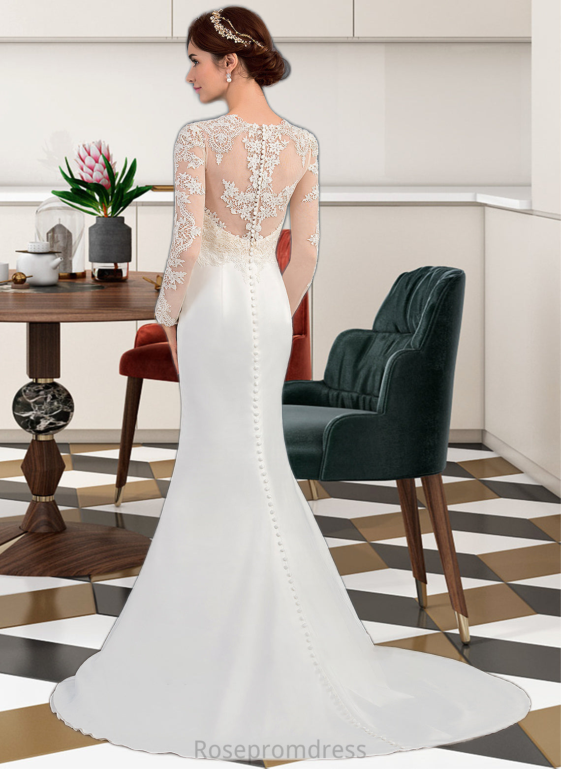 Kendra Trumpet/Mermaid Illusion Sweep Train Stretch Crepe Wedding Dress SRSP0013767