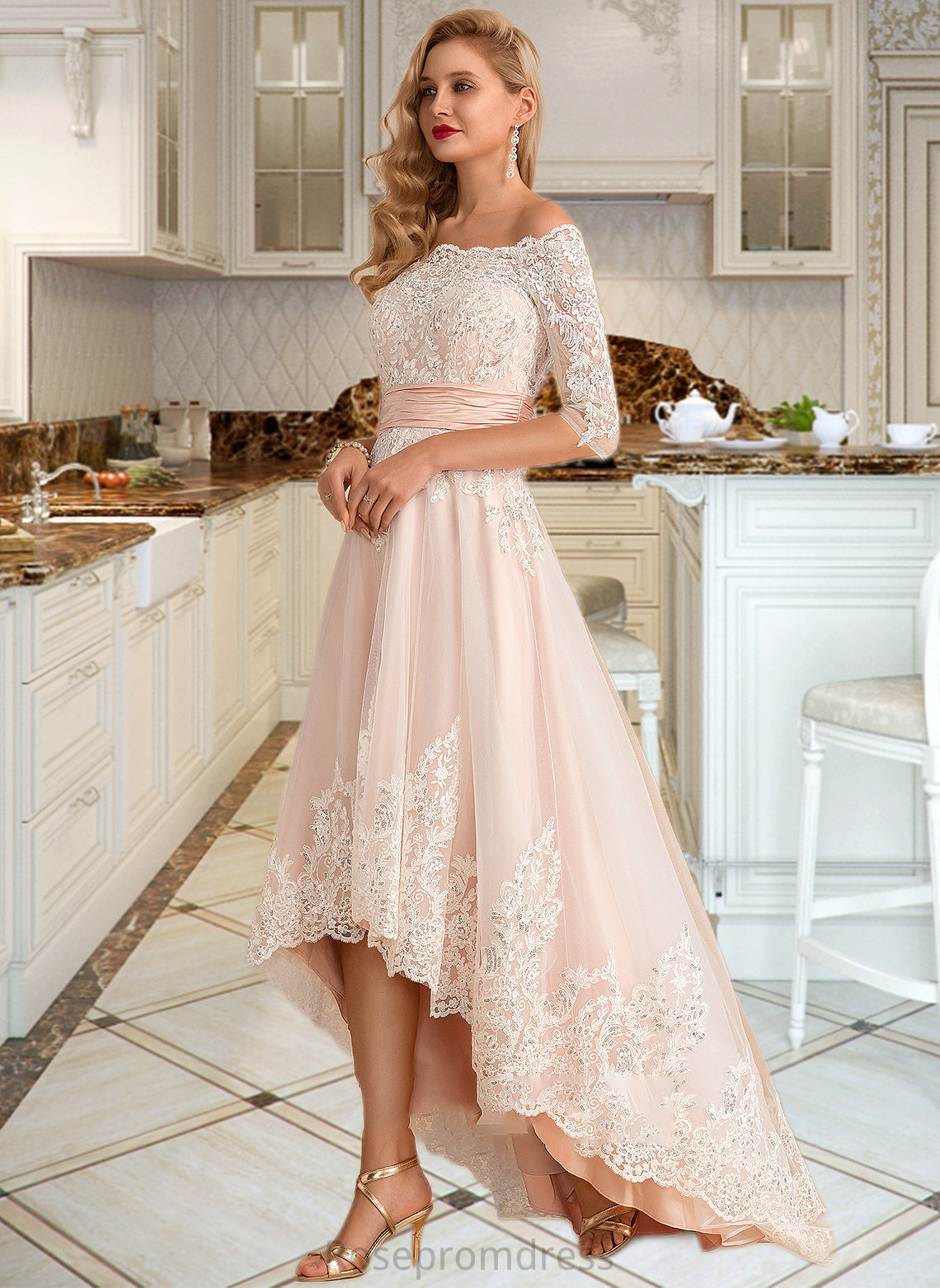 Aubree A-Line Asymmetrical Satin Tulle Lace Wedding Dress With Sequins SRSP0013769