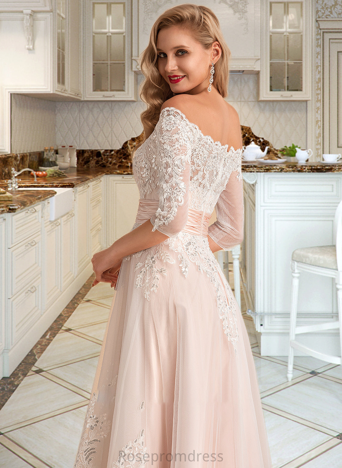 Aubree A-Line Asymmetrical Satin Tulle Lace Wedding Dress With Sequins SRSP0013769