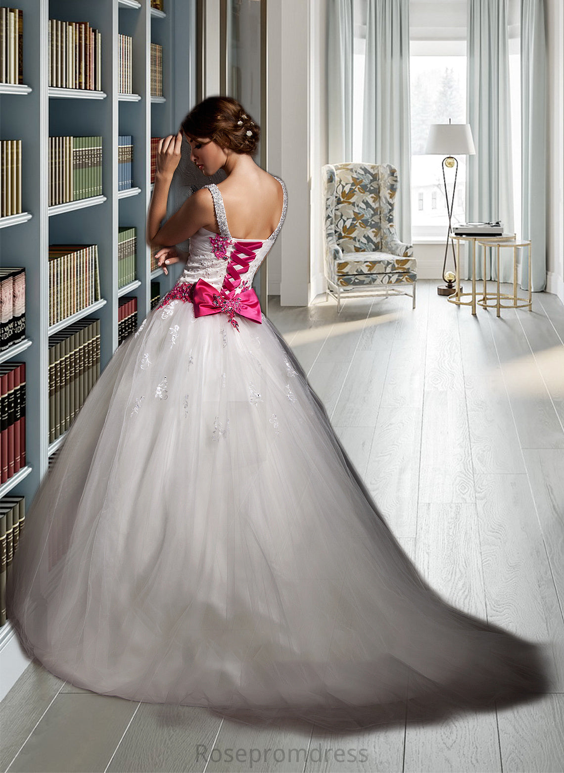 Abby Ball-Gown/Princess Sweetheart Chapel Train Tulle Wedding Dress With Ruffle Appliques Lace Bow(s) SRSP0013780