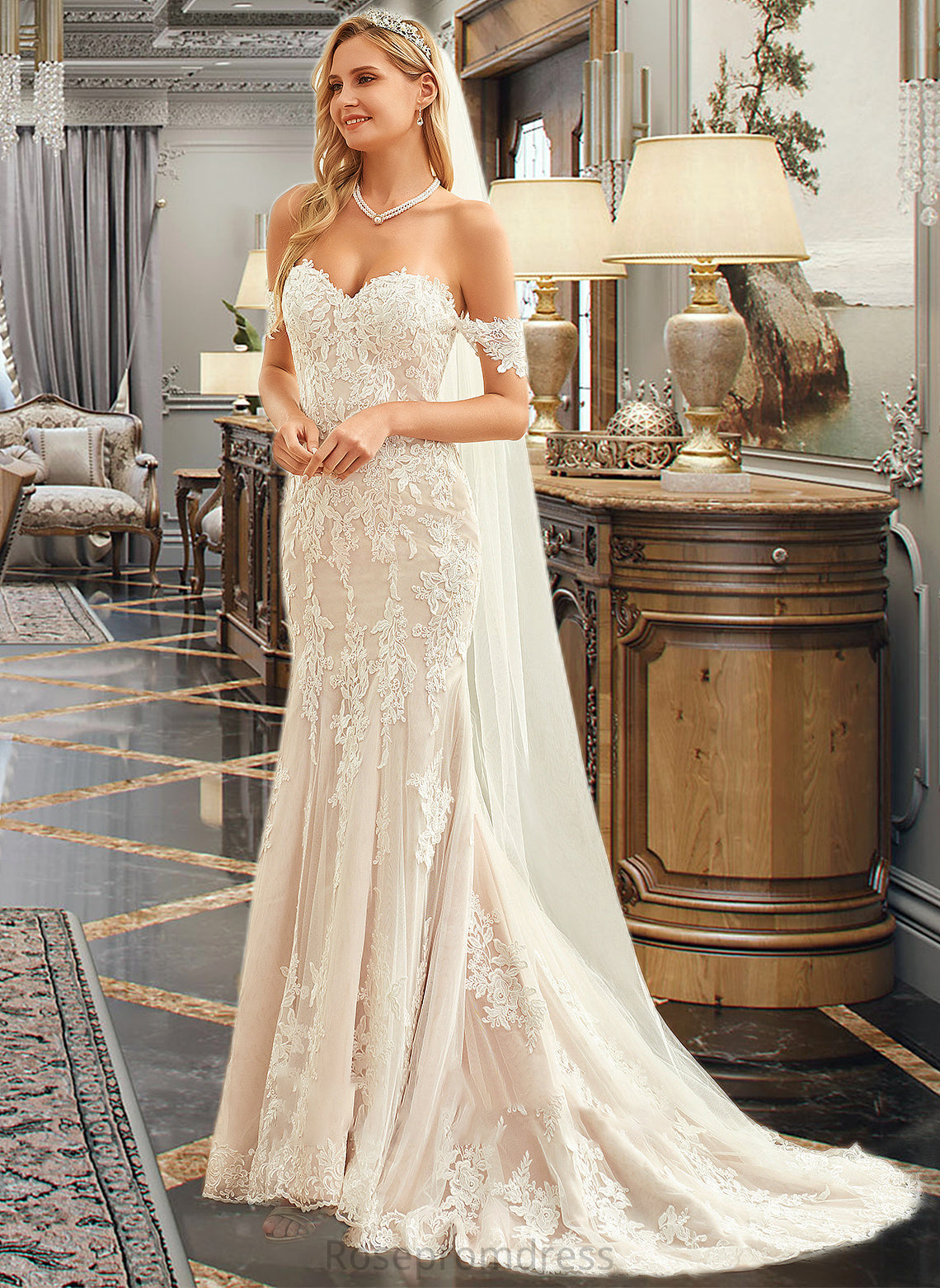 Marilyn Trumpet/Mermaid Off-the-Shoulder Court Train Tulle Lace Wedding Dress SRSP0013789