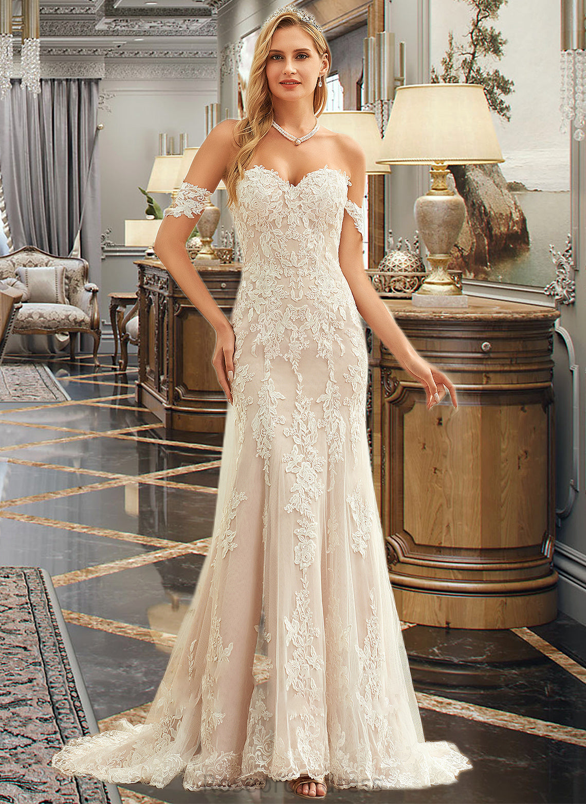 Marilyn Trumpet/Mermaid Off-the-Shoulder Court Train Tulle Lace Wedding Dress SRSP0013789