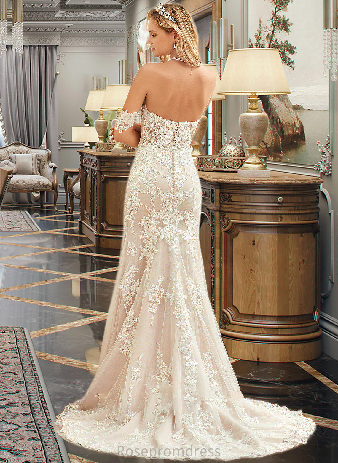 Marilyn Trumpet/Mermaid Off-the-Shoulder Court Train Tulle Lace Wedding Dress SRSP0013789