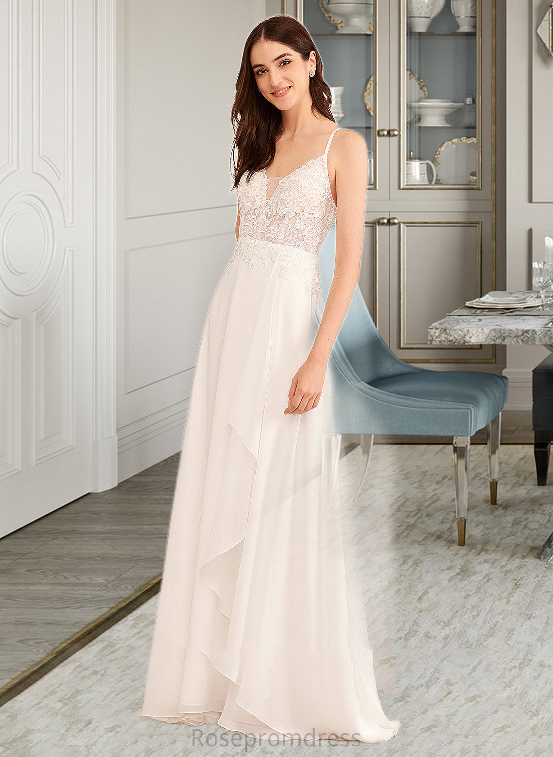Macie A-Line V-neck Floor-Length Wedding Dress With Sequins SRSP0013797