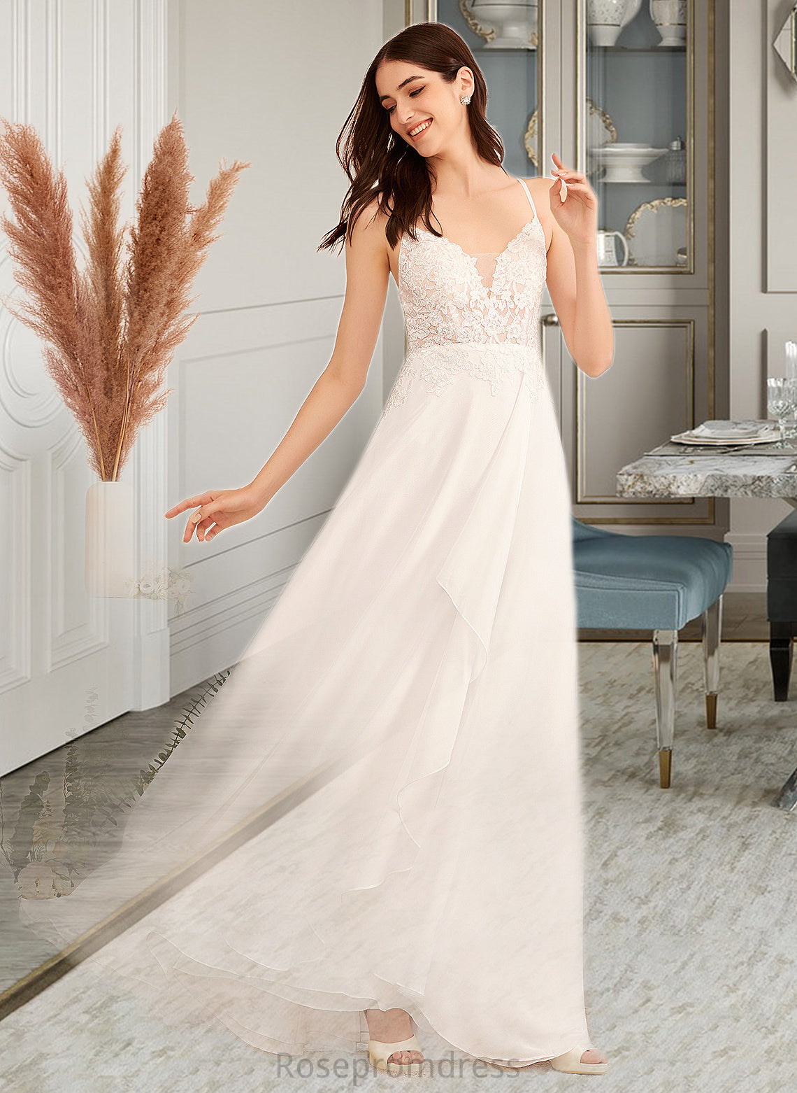 Macie A-Line V-neck Floor-Length Wedding Dress With Sequins SRSP0013797