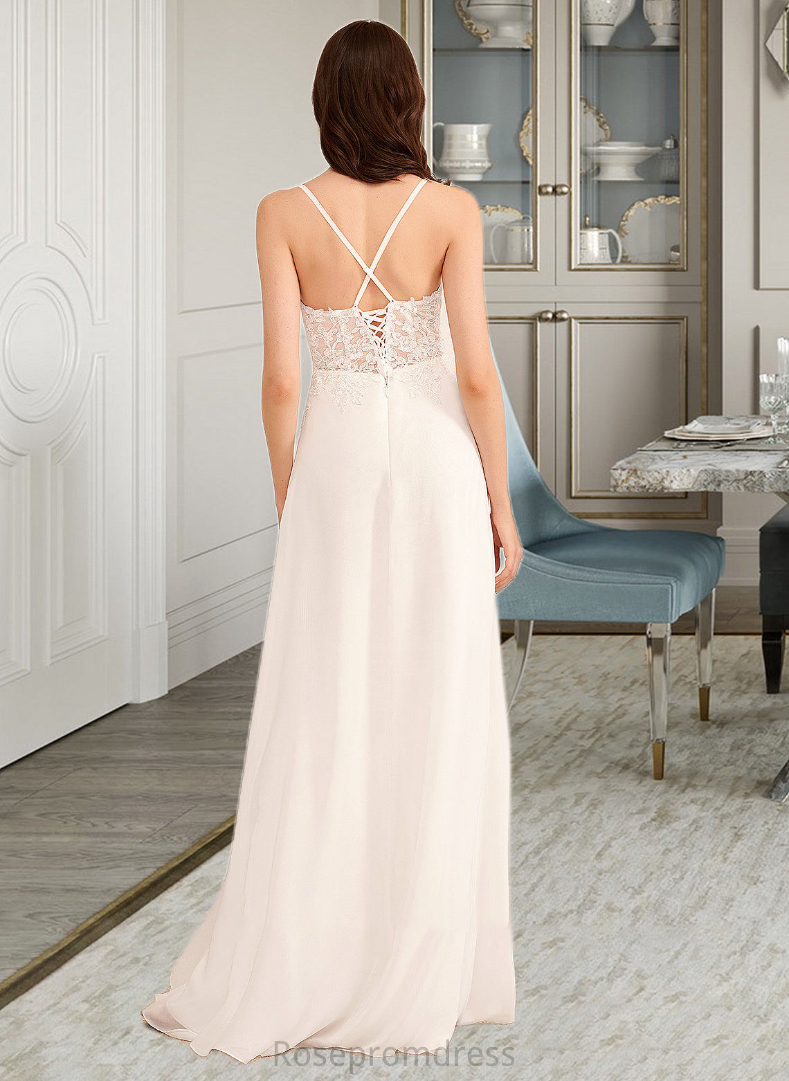 Macie A-Line V-neck Floor-Length Wedding Dress With Sequins SRSP0013797