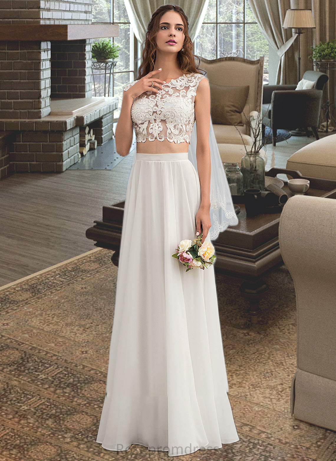 Carlee A-Line Scoop Neck Floor-Length Chiffon Wedding Dress With Beading Sequins SRSP0013799