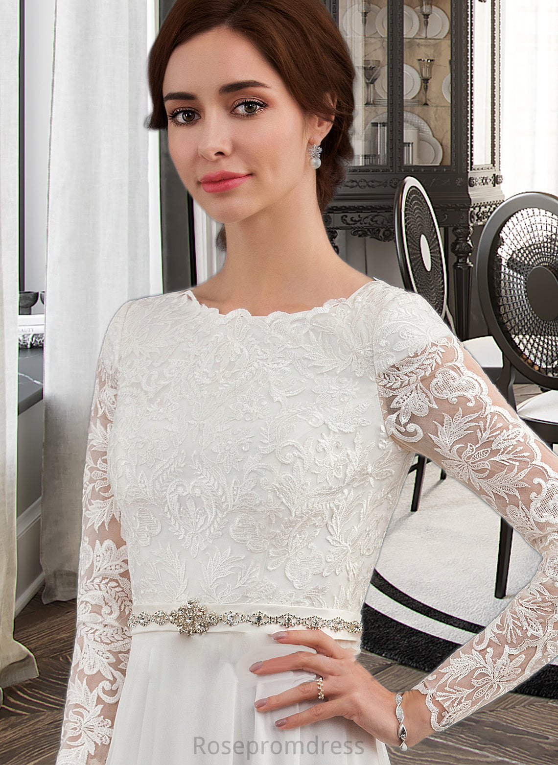 Danna A-Line Scoop Neck Court Train Chiffon Wedding Dress With Beading SRSP0013800