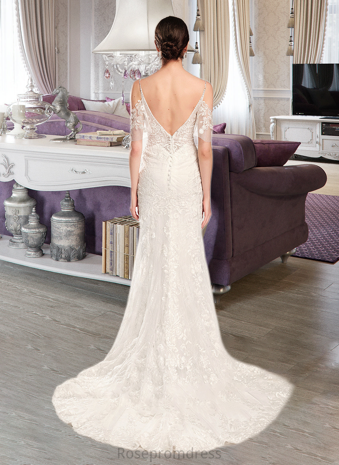 Areli Trumpet/Mermaid V-neck Chapel Train Wedding Dress With Beading Sequins SRSP0013802