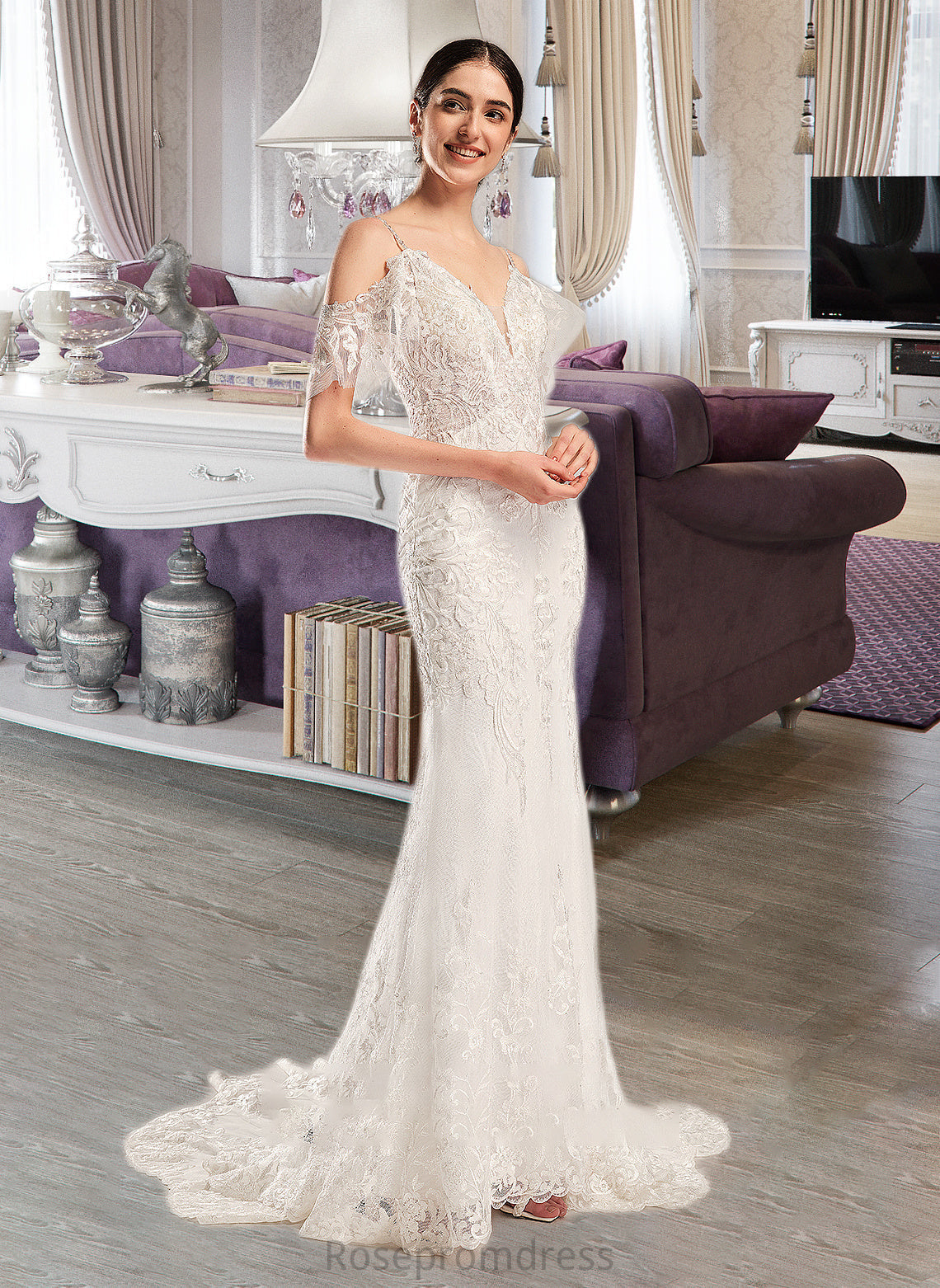 Areli Trumpet/Mermaid V-neck Chapel Train Wedding Dress With Beading Sequins SRSP0013802