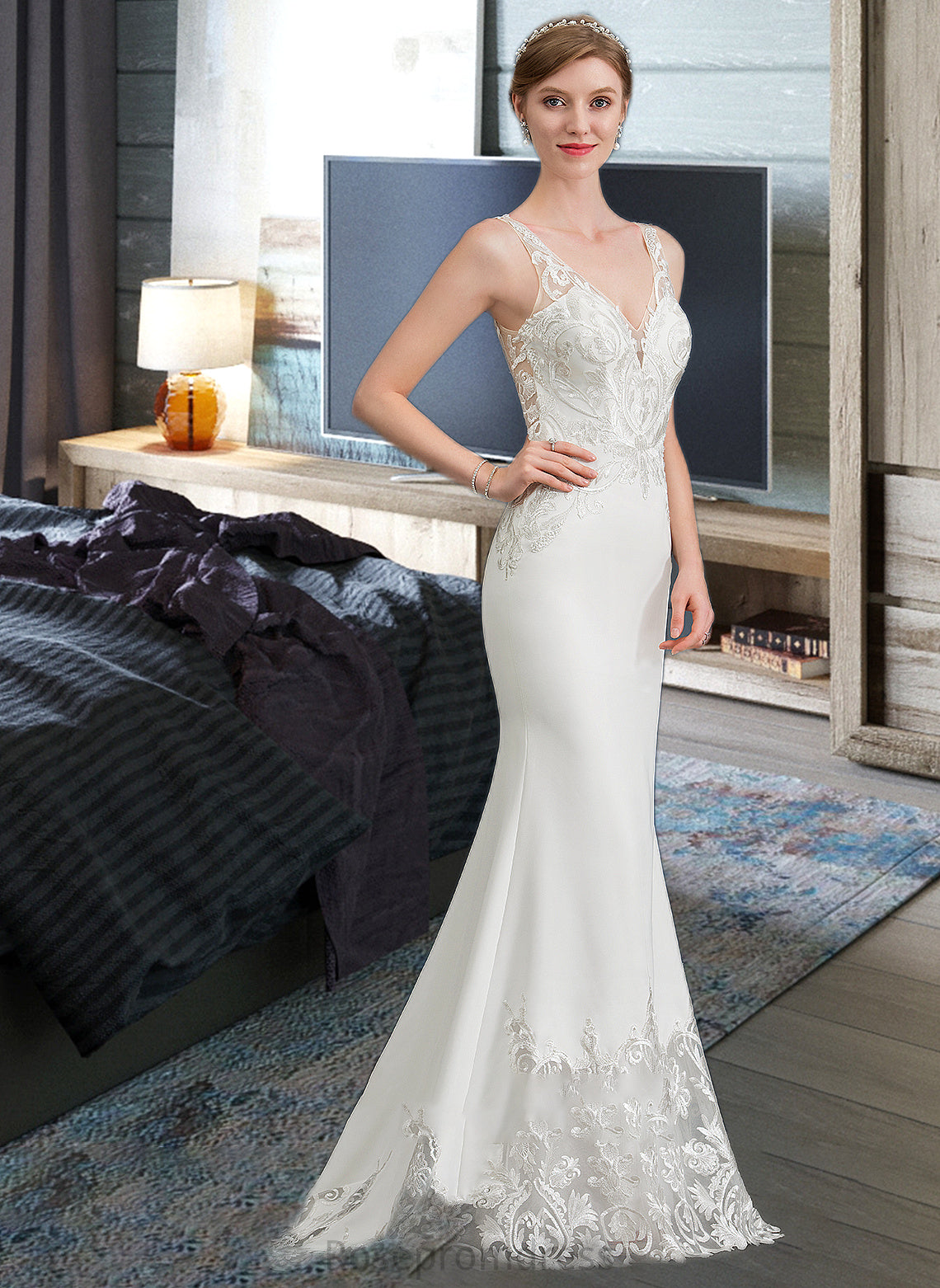 Izabelle Trumpet/Mermaid V-neck Court Train Stretch Crepe Wedding Dress SRSP0013803