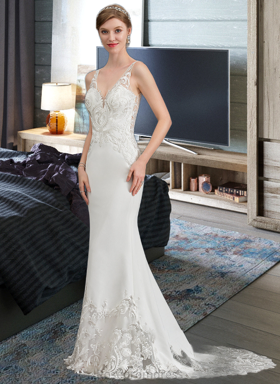 Izabelle Trumpet/Mermaid V-neck Court Train Stretch Crepe Wedding Dress SRSP0013803