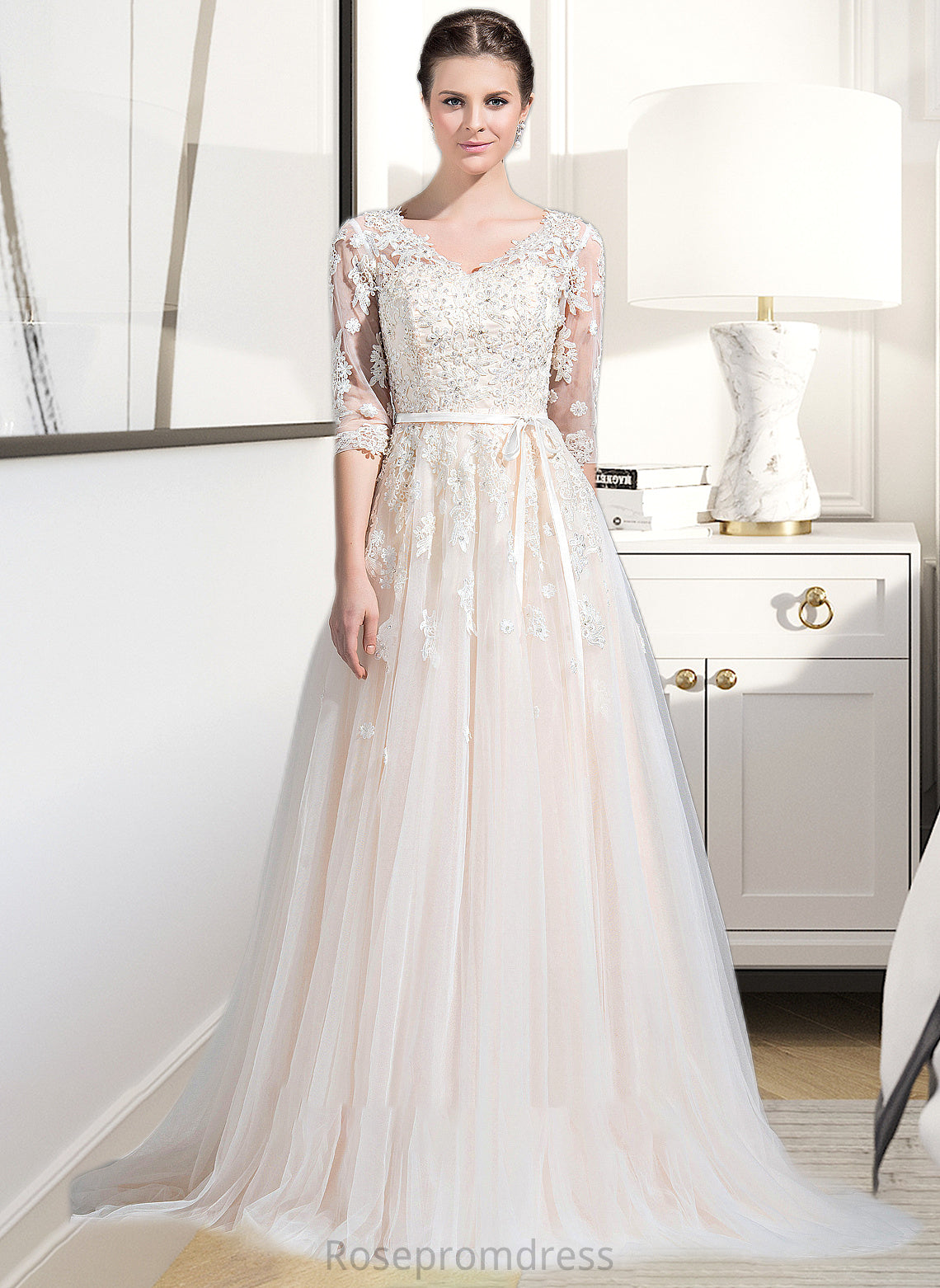 Alexis Ball-Gown/Princess V-neck Court Train Tulle Wedding Dress With Beading Appliques Lace Sequins Bow(s) SRSP0013809