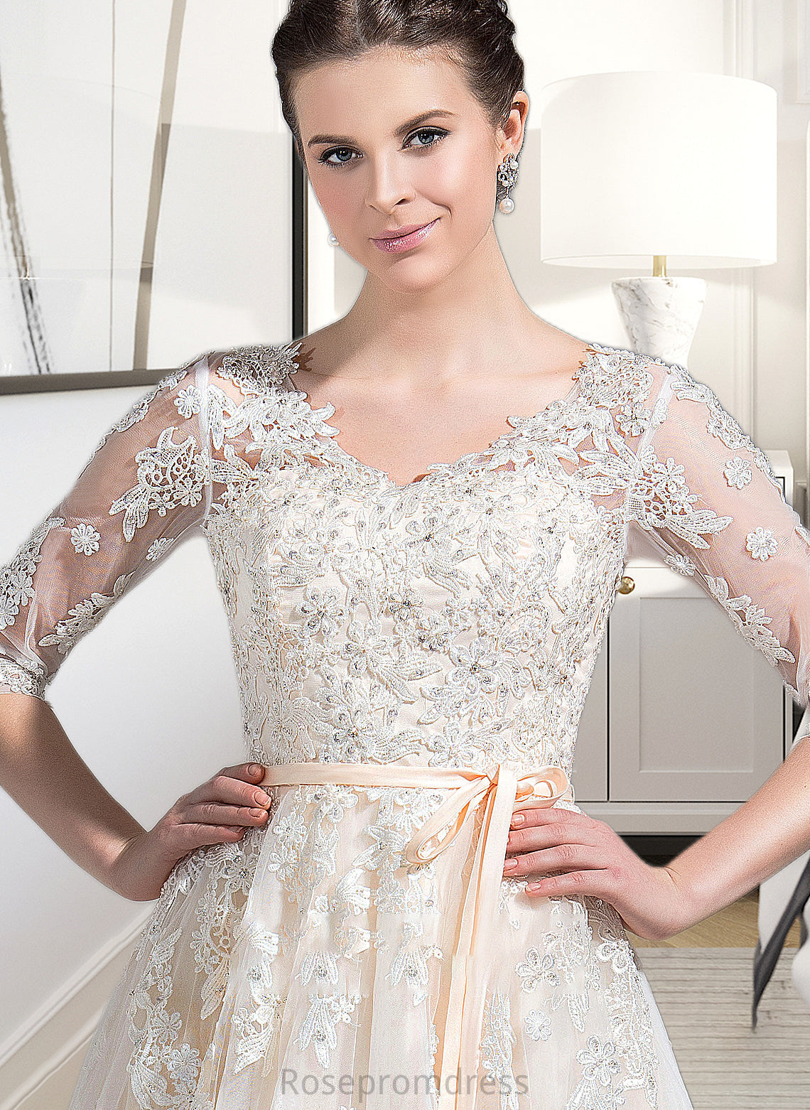 Alexis Ball-Gown/Princess V-neck Court Train Tulle Wedding Dress With Beading Appliques Lace Sequins Bow(s) SRSP0013809