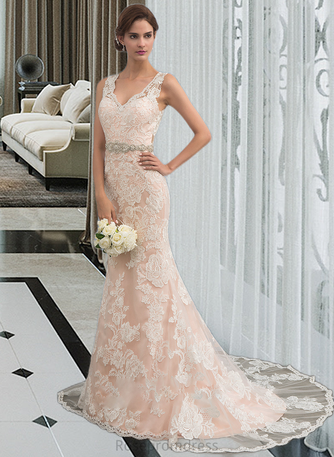 Everly Trumpet/Mermaid V-neck Chapel Train Tulle Lace Wedding Dress With Beading SRSP0013810