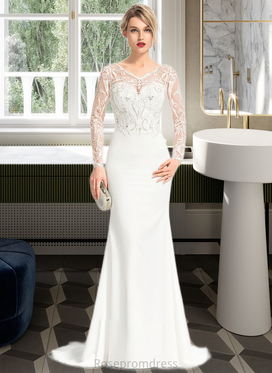 Carla Trumpet/Mermaid V-neck Sweep Train Stretch Crepe Wedding Dress With Beading Sequins SRSP0013816
