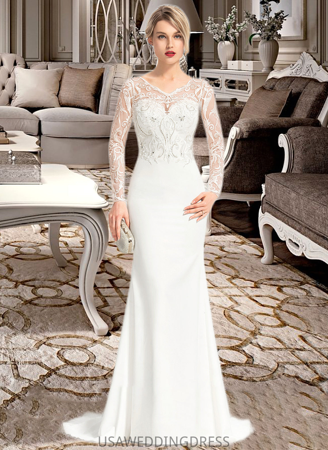 Shea Trumpet/Mermaid V-neck Sweep Train Stretch Crepe Wedding Dress With Beading Sequins DSP0013816