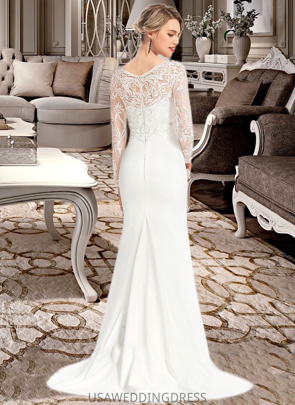 Shea Trumpet/Mermaid V-neck Sweep Train Stretch Crepe Wedding Dress With Beading Sequins DSP0013816