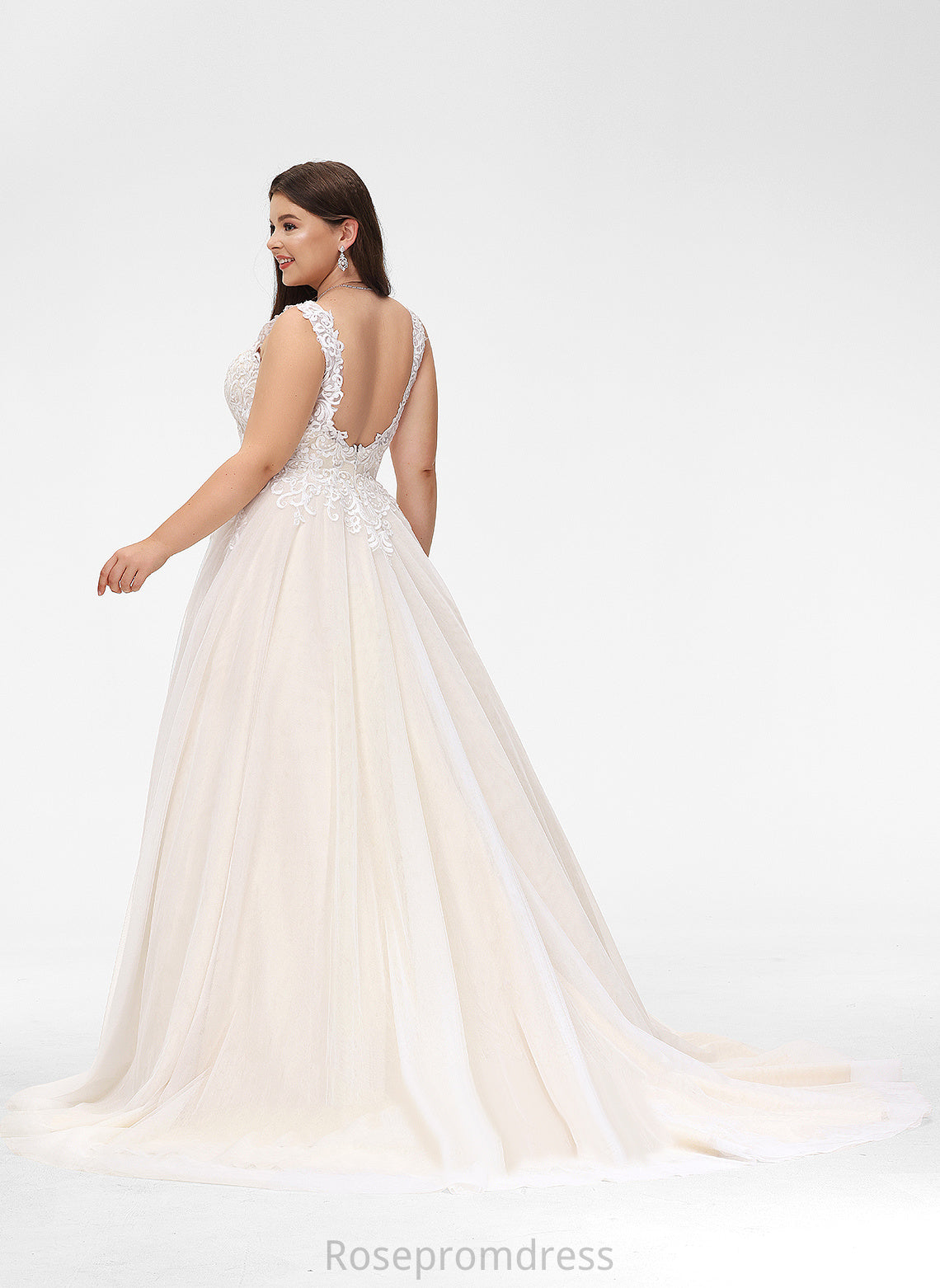 Court Tulle Coral Lace Train Wedding Dress Ball-Gown/Princess V-neck Wedding Dresses