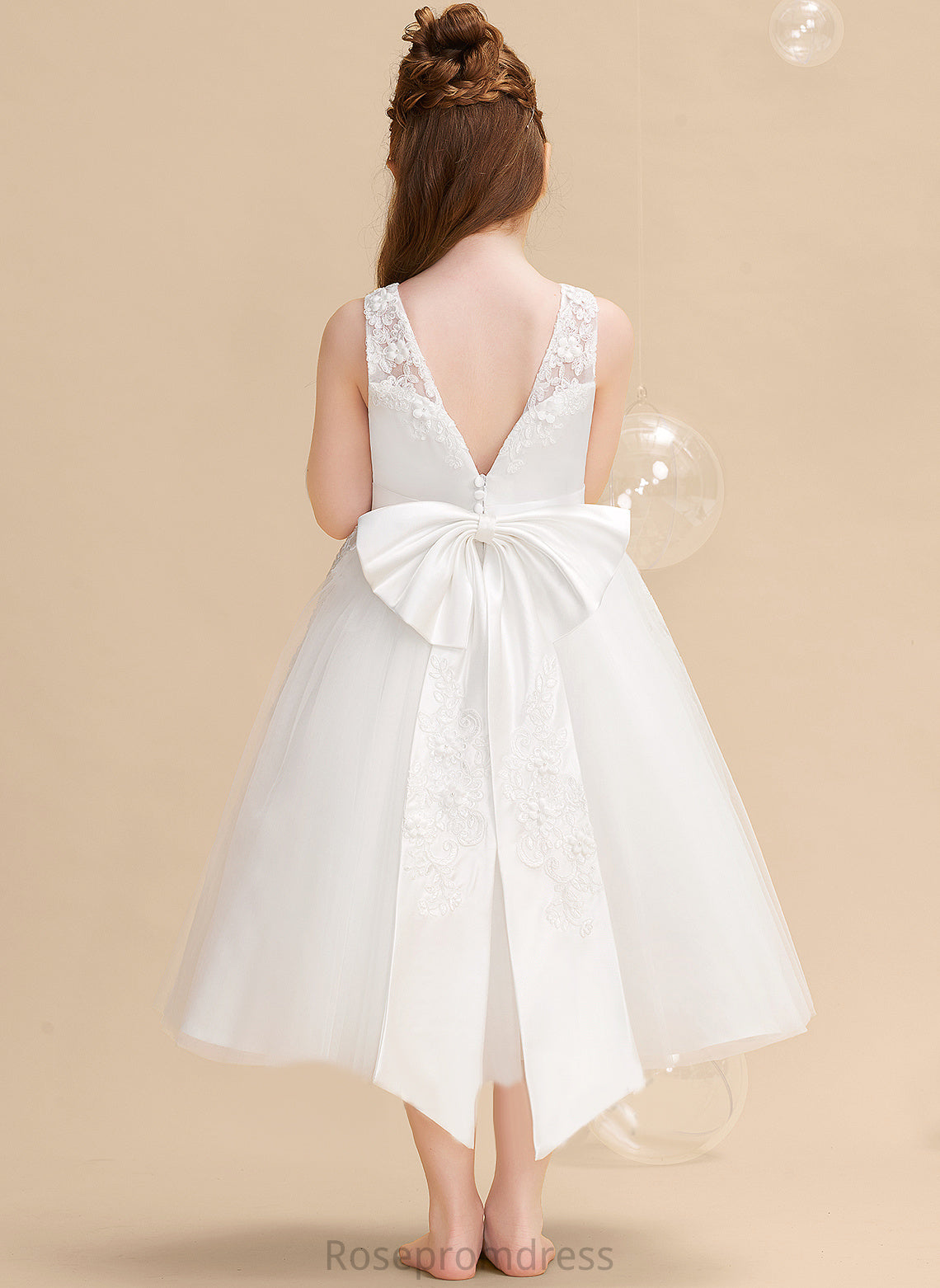 A-Line With Tea-length Sleeveless Beading/Flower(s) Meghan Tulle/Lace Dress - Flower Girl Scoop Flower Girl Dresses Neck