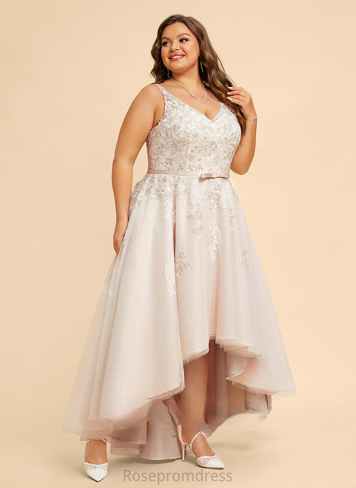 Dress Lena Asymmetrical Wedding Dresses Bow(s) Satin With Lace Wedding A-Line V-neck Tulle