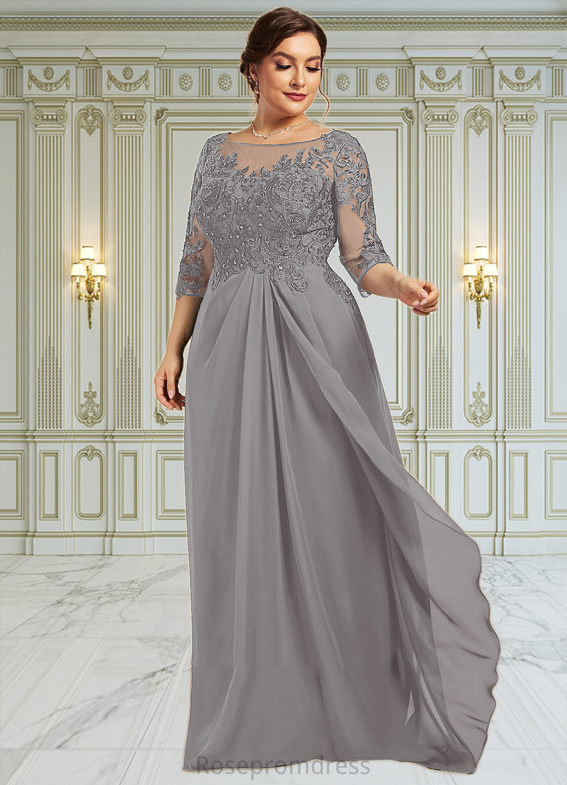 Genesis A-Line Scoop Neck Floor-Length Chiffon Lace Mother of the Bride Dress With Beading Sequins Cascading Ruffles SRSP0014529