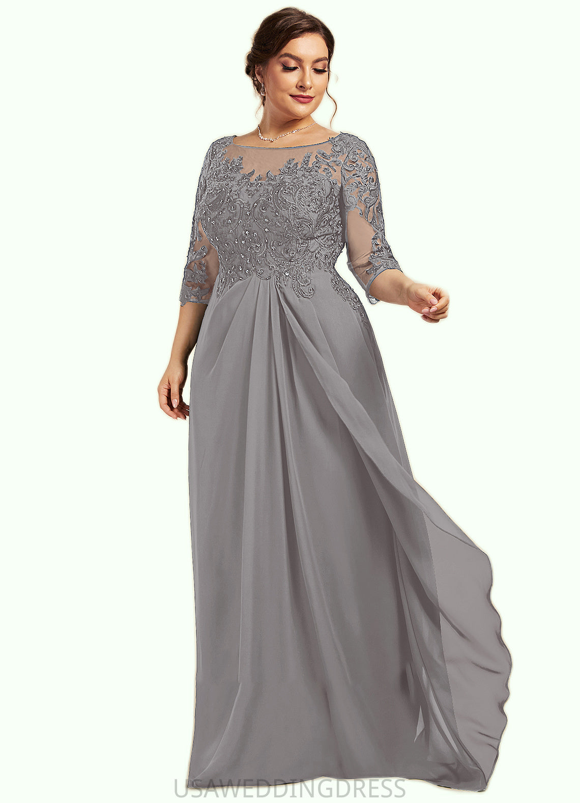 LuLu A-Line Scoop Neck Floor-Length Chiffon Lace Mother of the Bride Dress With Beading Sequins Cascading Ruffles DS126P0014529