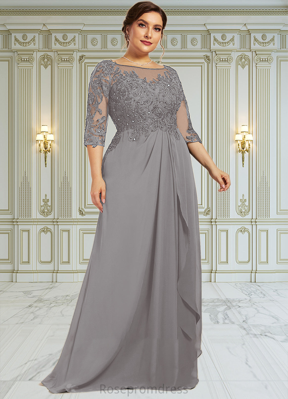 Genesis A-Line Scoop Neck Floor-Length Chiffon Lace Mother of the Bride Dress With Beading Sequins Cascading Ruffles SRSP0014529