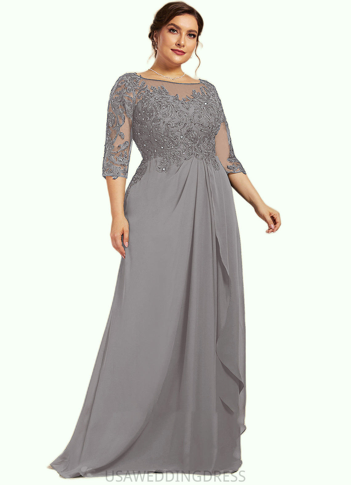 LuLu A-Line Scoop Neck Floor-Length Chiffon Lace Mother of the Bride Dress With Beading Sequins Cascading Ruffles DS126P0014529