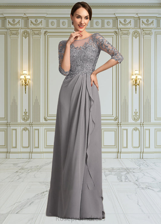 Genesis A-Line Scoop Neck Floor-Length Chiffon Lace Mother of the Bride Dress With Beading Sequins Cascading Ruffles SRSP0014529