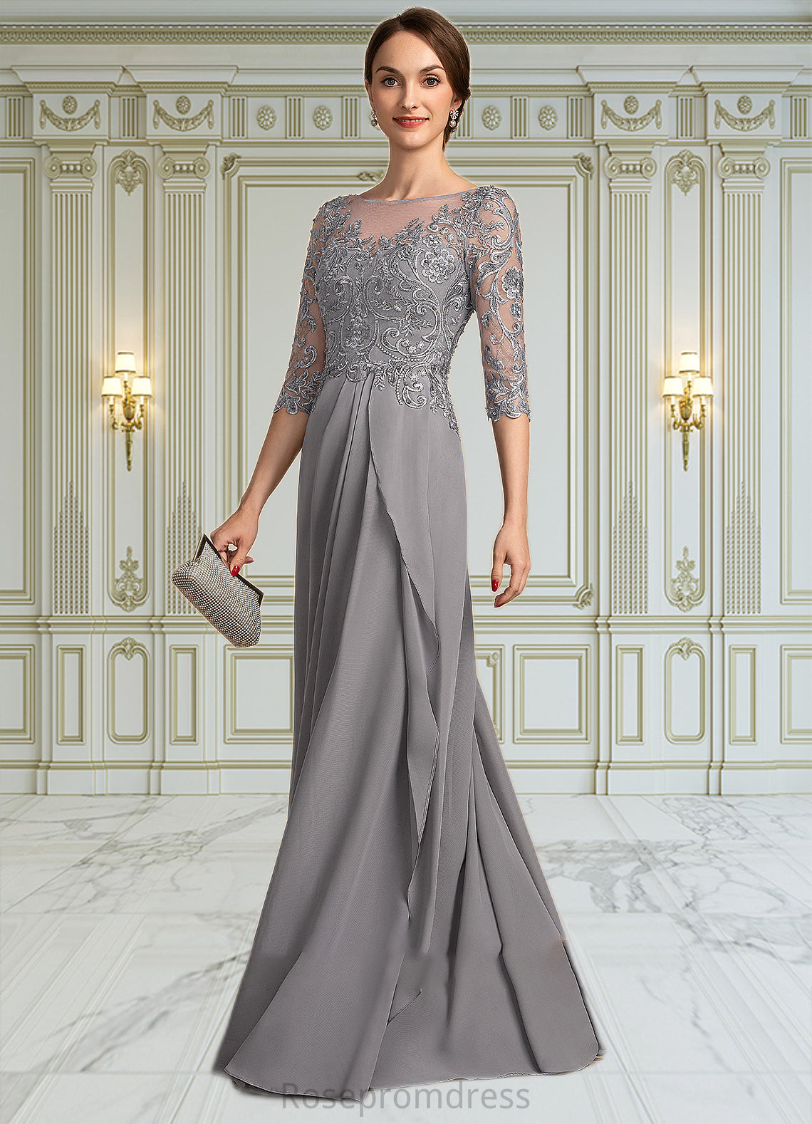 Genesis A-Line Scoop Neck Floor-Length Chiffon Lace Mother of the Bride Dress With Beading Sequins Cascading Ruffles SRSP0014529