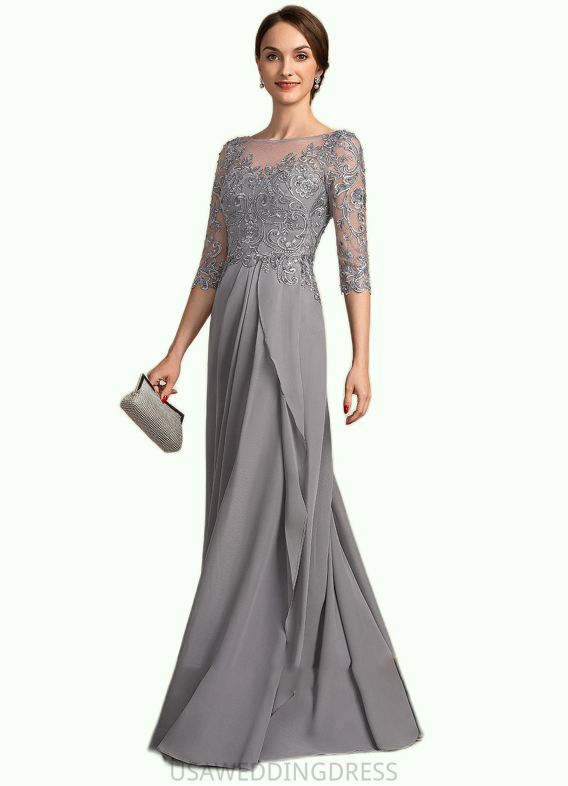 LuLu A-Line Scoop Neck Floor-Length Chiffon Lace Mother of the Bride Dress With Beading Sequins Cascading Ruffles DS126P0014529