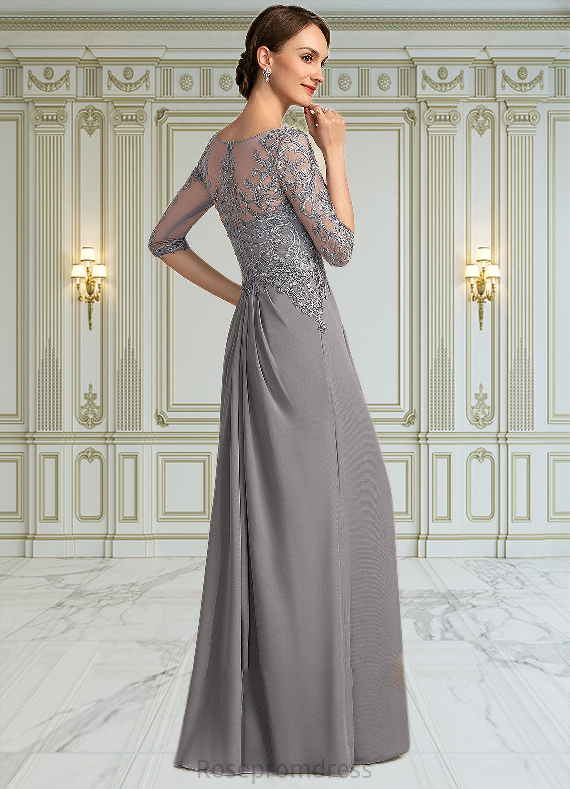 Genesis A-Line Scoop Neck Floor-Length Chiffon Lace Mother of the Bride Dress With Beading Sequins Cascading Ruffles SRSP0014529