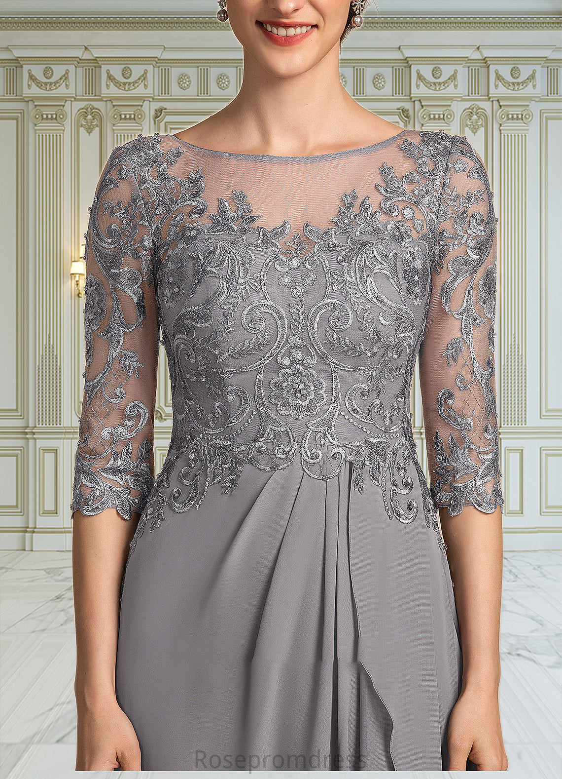 Genesis A-Line Scoop Neck Floor-Length Chiffon Lace Mother of the Bride Dress With Beading Sequins Cascading Ruffles SRSP0014529