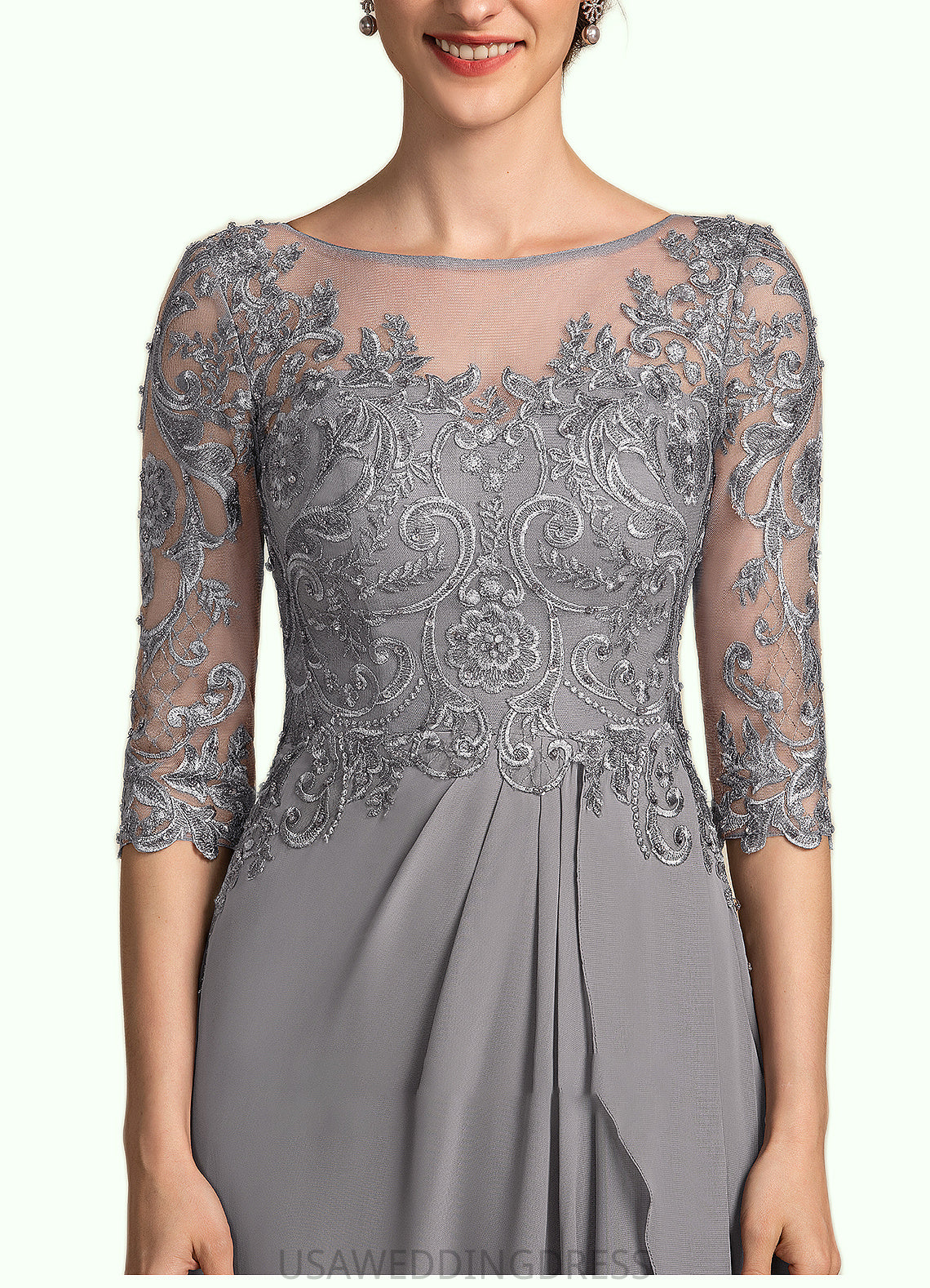 LuLu A-Line Scoop Neck Floor-Length Chiffon Lace Mother of the Bride Dress With Beading Sequins Cascading Ruffles DS126P0014529