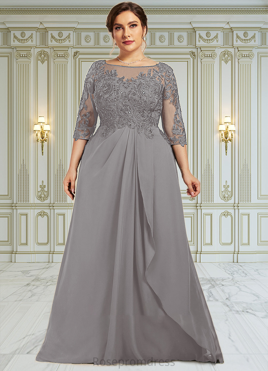 Genesis A-Line Scoop Neck Floor-Length Chiffon Lace Mother of the Bride Dress With Beading Sequins Cascading Ruffles SRSP0014529