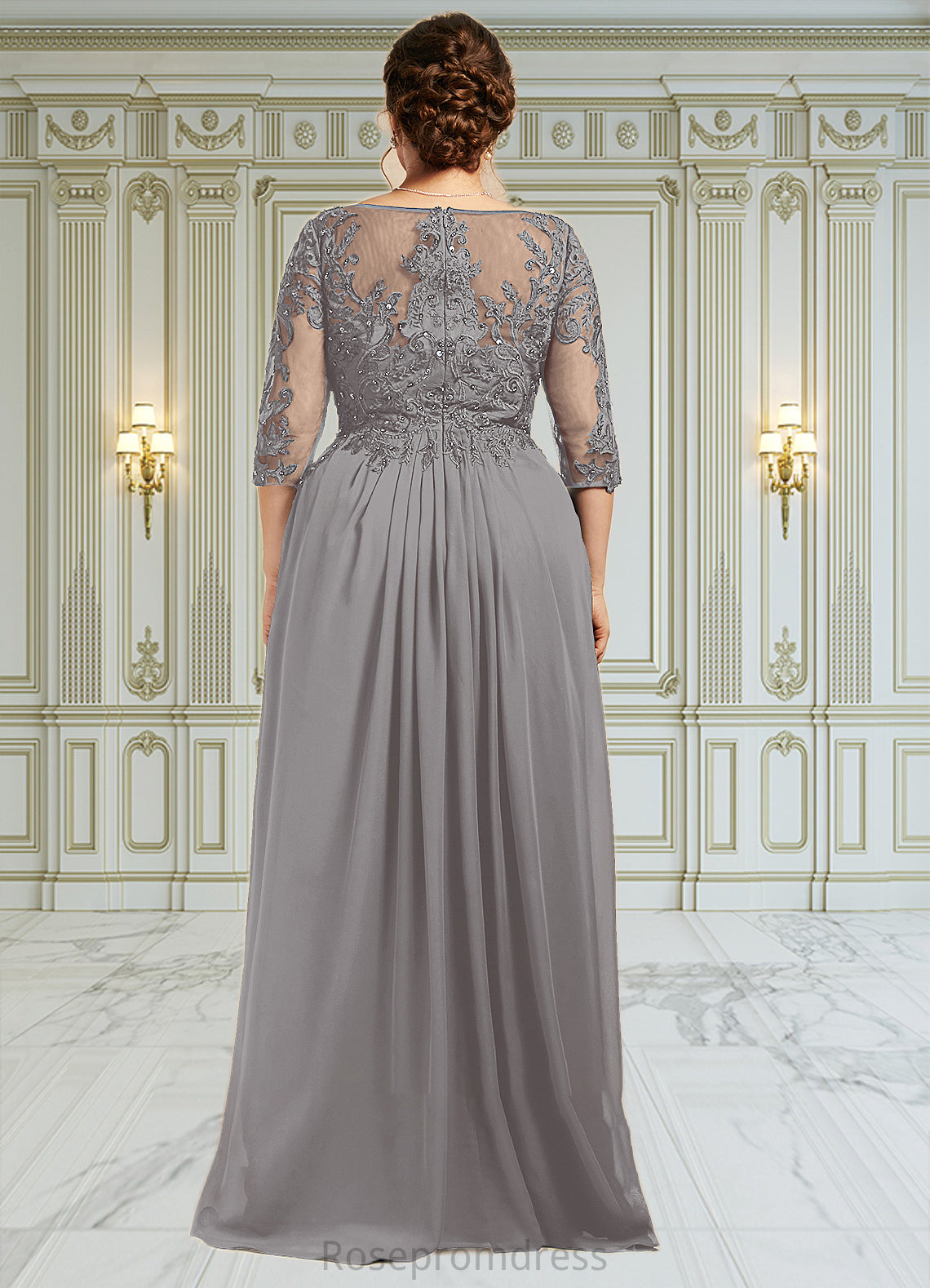 Genesis A-Line Scoop Neck Floor-Length Chiffon Lace Mother of the Bride Dress With Beading Sequins Cascading Ruffles SRSP0014529