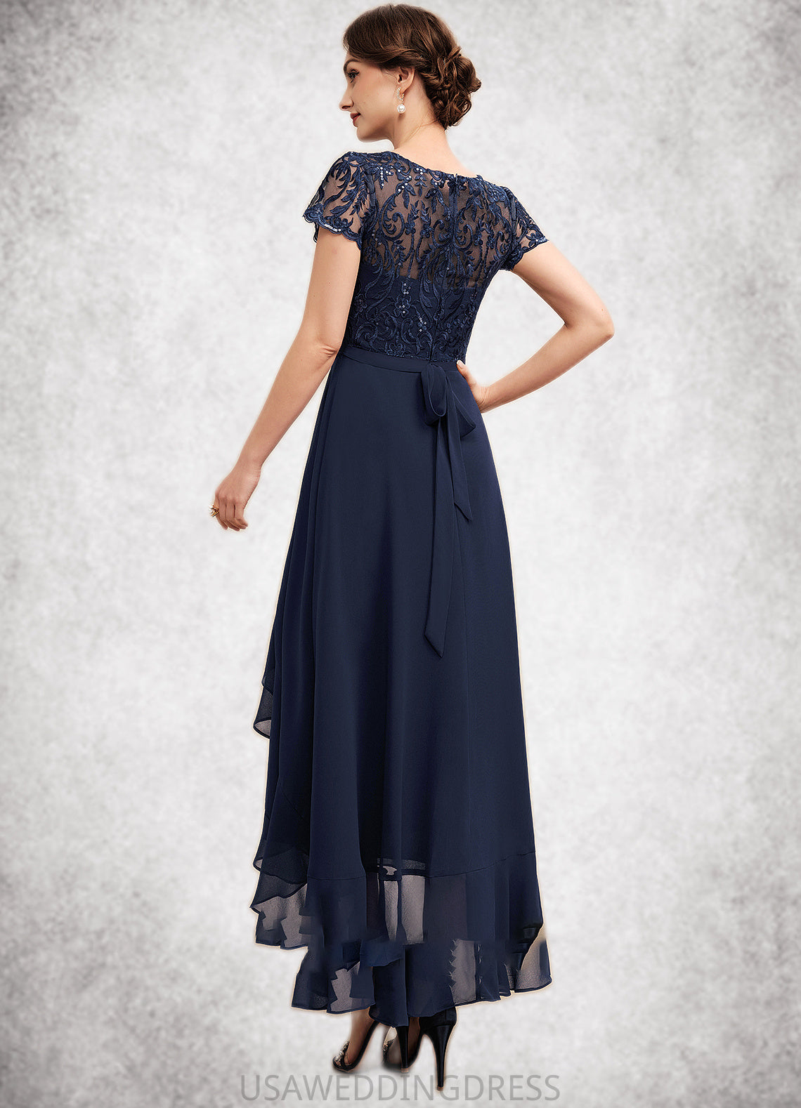 Nola A-Line Scoop Neck Asymmetrical Chiffon Lace Mother of the Bride Dress With Sequins Bow(s) Cascading Ruffles DS126P0014530