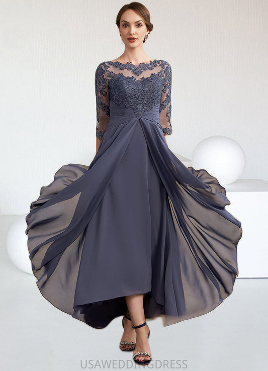 Madalynn A-Line Scoop Neck Asymmetrical Chiffon Lace Mother of the Bride Dress With Ruffle DS126P0014531